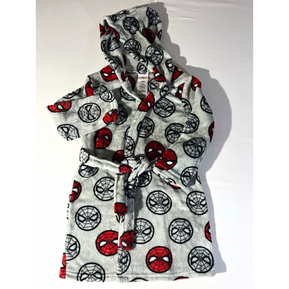 Marvel Spider-Man Boys Hooded Fleece Robe Size 6 Gray Red Belted Tie